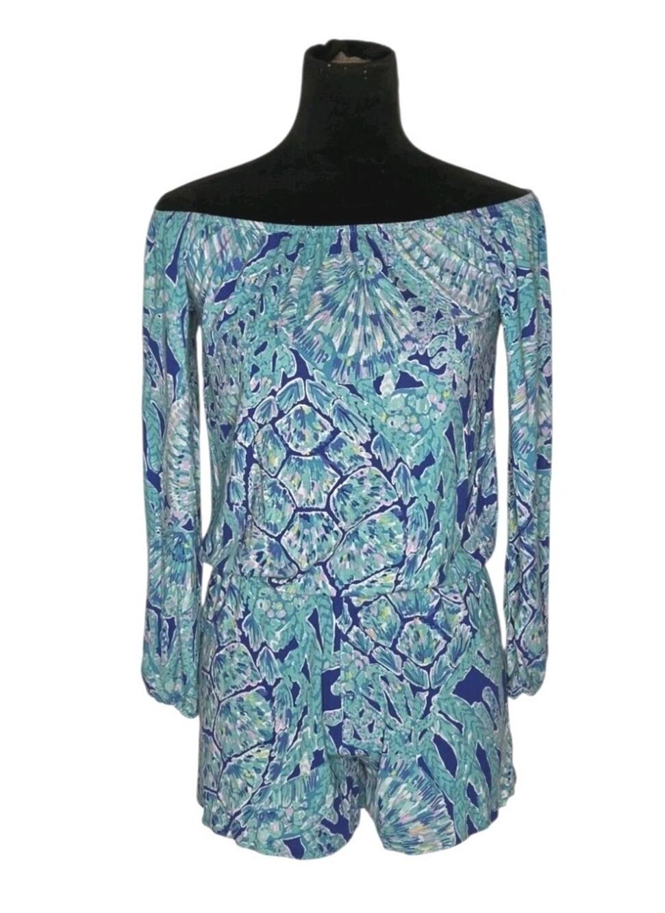Lilly Pulitzer Lana Romper Stretch Long Sleeve Blue Tortuga Time Resortwear XS